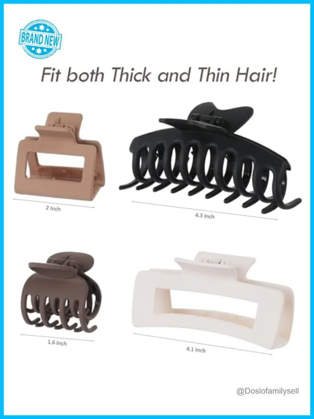 8 Hair Claw Clips Set Rectangle Square Butterfly Thick Thin Hair Plastic Metal